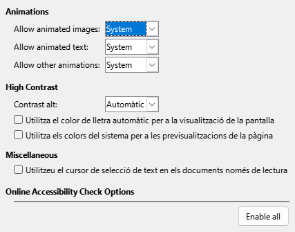 Imatge del diàleg d'opcions d'accessibilitat