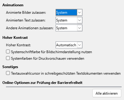 Bild des Dialogs Optionen – Barrierefreiheit
