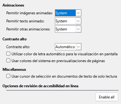 Imagen del diálogo Opciones, sección Accesibilidad
