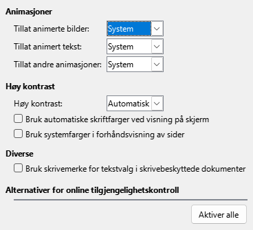 Dialog for  tilgjengelighetsalternativer