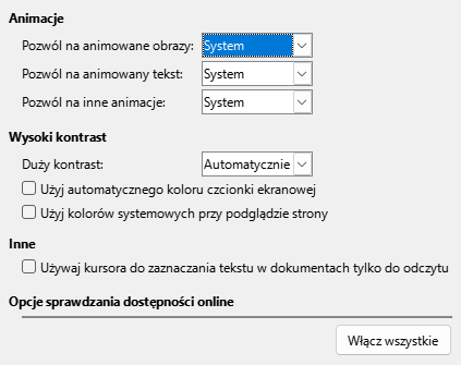 Obraz okna dialogowego opcji dostępności