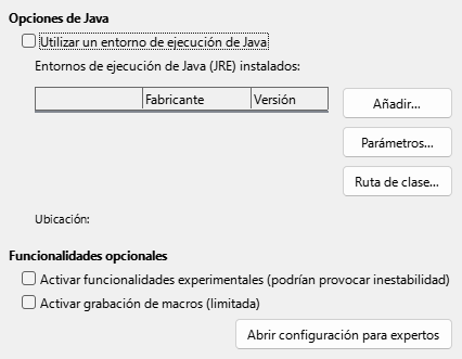 Imagen del diálogo Opciones, sección Avanzadas