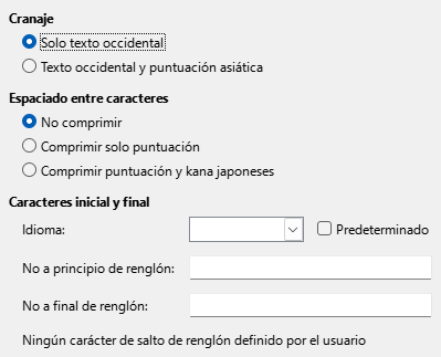 Imagen del diálogo Opciones, sección Asiático