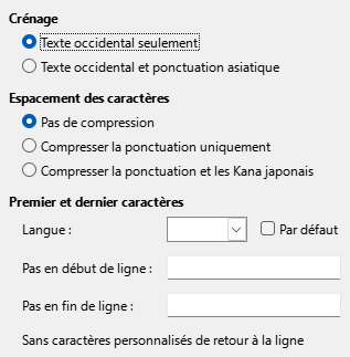 Image de la boîte de dialogue Options asiatiques