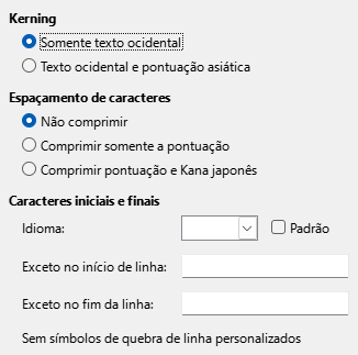 Imagem da caixa de diálogo Opções Asiático