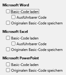 Bild des Dialogs Optionen – Laden/Speichern – VBA-Eigenschaften