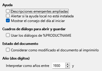 Imagen del diálogo Opciones, sección General