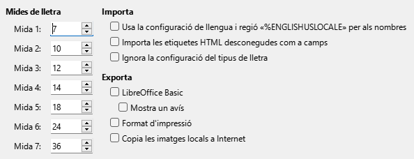 Imatge del diàleg d'opcions d'HTML