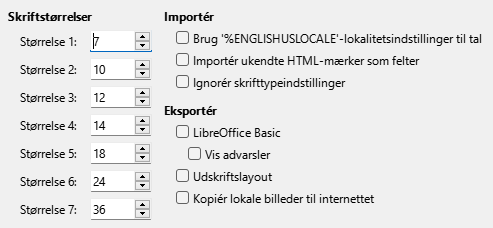 Billede af dialogen Indstillinger HTML