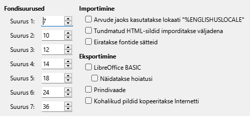 Ekraanipilt HTML-i sätete dialoogist