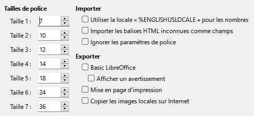 Image des options de la boîte de dialogue HTML