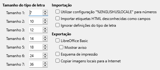 Imagem da caixa de diálogo Opções HTML