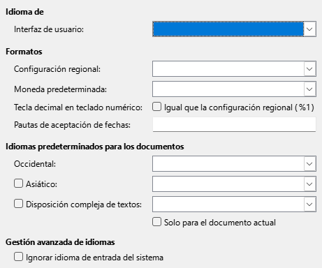 Imagen del diálogo Opciones, sección Idioma