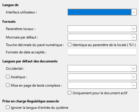 Image de la boîte de dialogue Options linguistiques