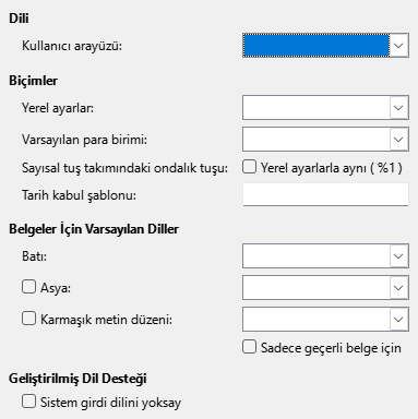 Seçenekler Dil Penceresi Resmi