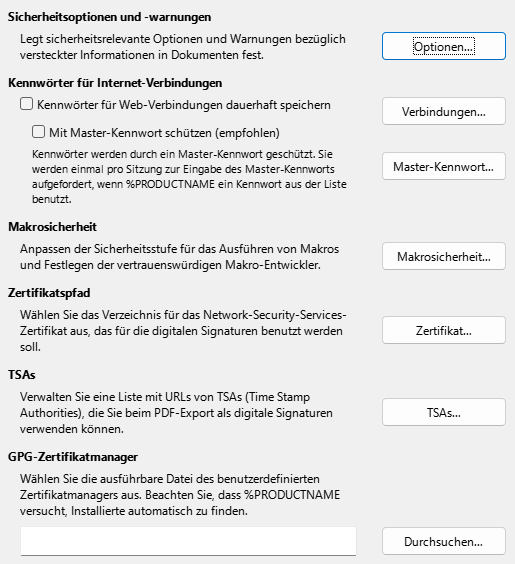 Bild des Dialogs Optionen – Sicherheit