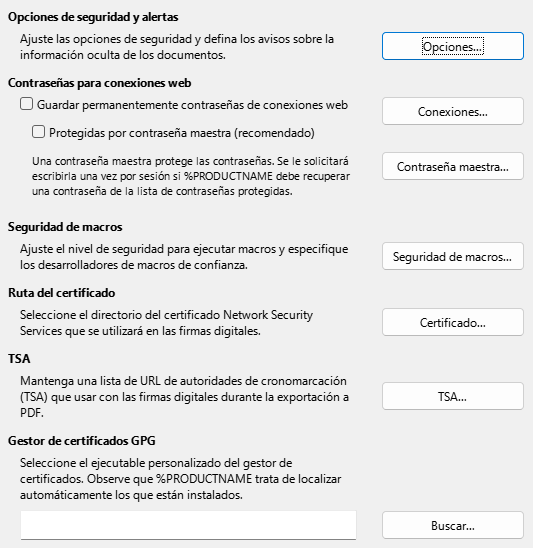 Imagen del diálogo Opciones, sección Seguridad