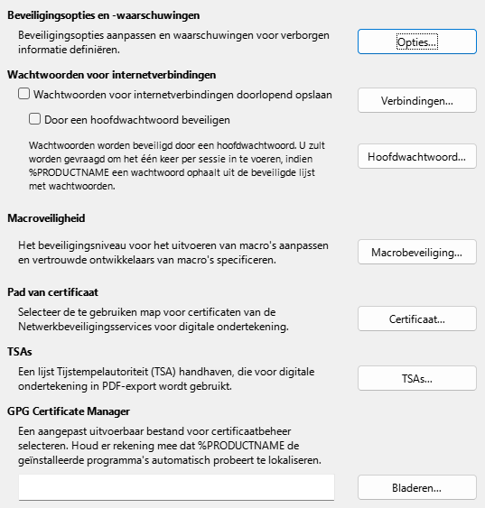 Afbeelding van dialoogvenster Opties - Beveiliging