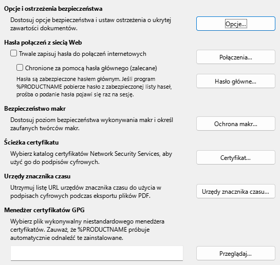 Obraz okna dialogowego opcji bezpieczeństwa