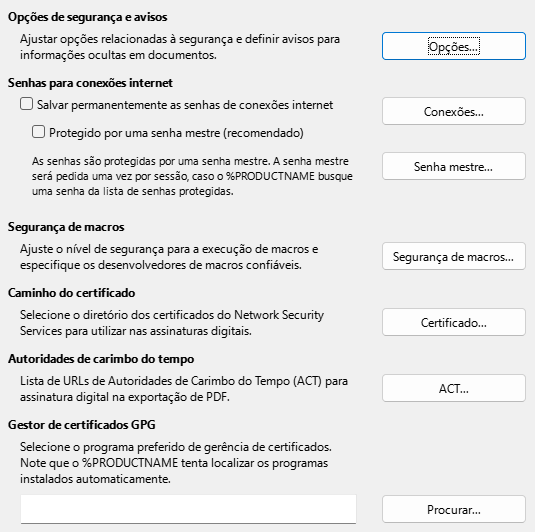 Imagem da caixa de diálogo Opções Segurança