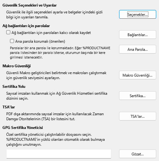Seçenekler Güvenlik Penceresi Resmi