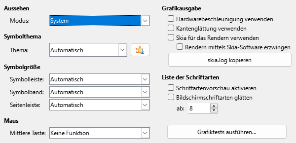 Bild des Dialogs Optionen – Ansicht