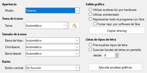 Imagen del diálogo Opciones, sección Ver