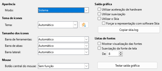 Imagem da caixa de diálogo Opções Exibir