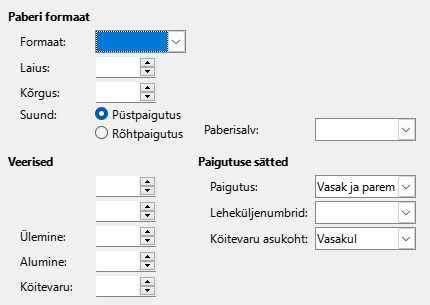 Ekraanipilt lehekülje vormindamise dialoogist