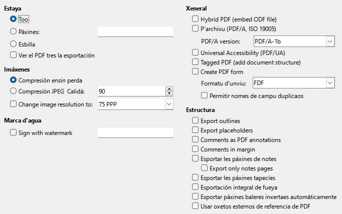 Imaxe del cuadru de diálogu d'Opciones xenerales d'esportación a PDF