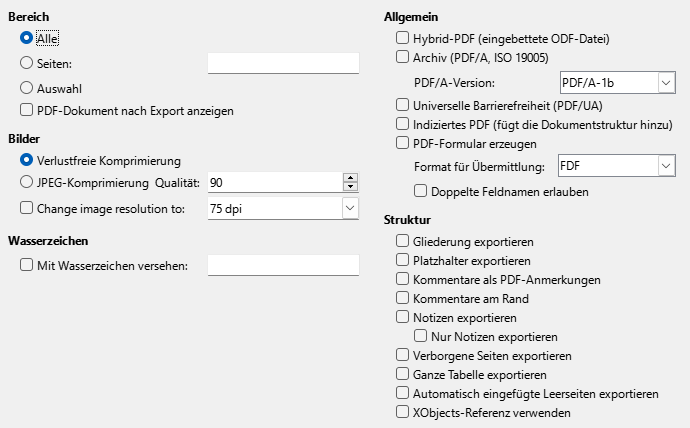 Bild des Export-Dialogs PDF-Optionen – Allgemein