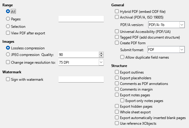 PDF Export General Options Dialogue Box Image