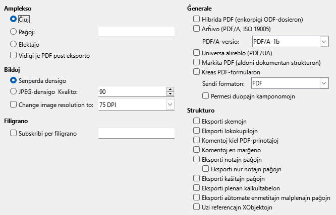 Bildo de dialogo por PDF-eksportaj ĝeneralaj agordoj