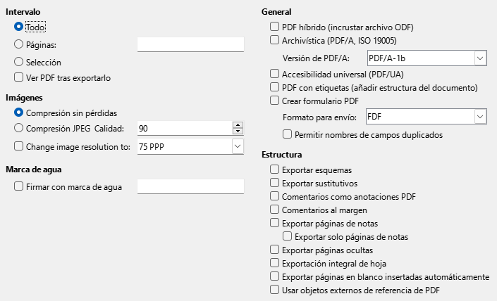 Imagen del diálogo Exportar a PDF, pestaña de opciones generales