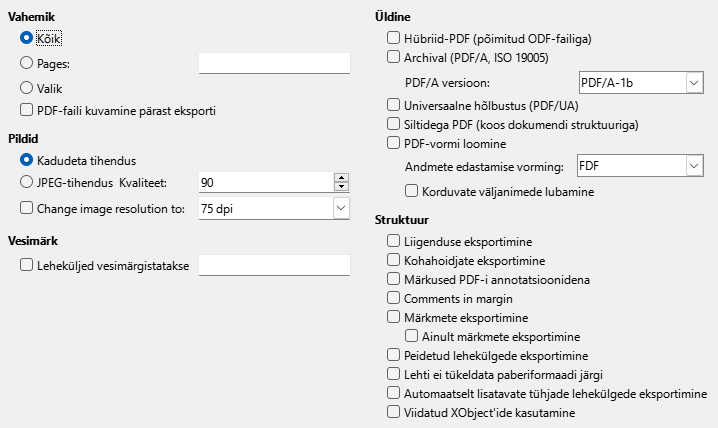 Ekraanipilt PDF-i ekspordi üldistest sätetest