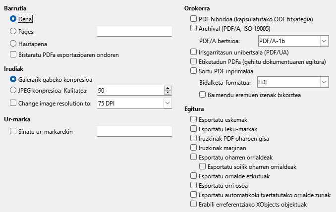 PDF esportazioaren aukera orokorren elkarrizketa-koadroaren irudia