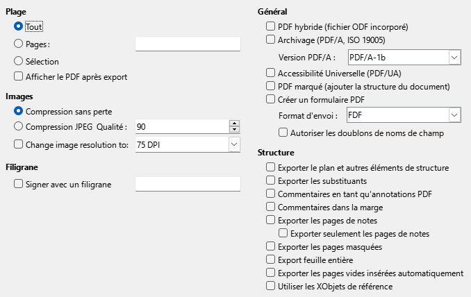 Image de la boîte de dialogue des options générales de l'export PDF