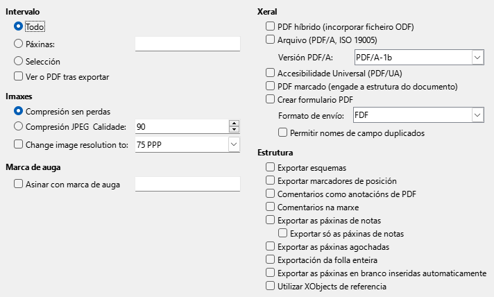 Imaxe da caixa de diálogo de opcións xerais de exportación a PDF