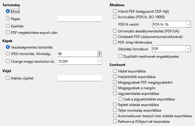 PDF exportálás általános beállítások párbeszédablak kép