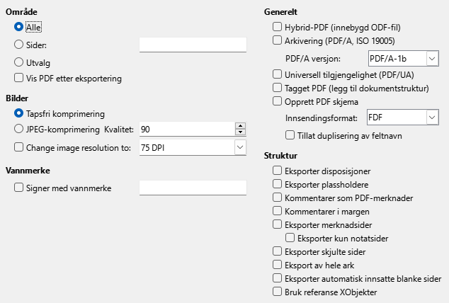 PDF-eksport Generelle alternativer, Dialog