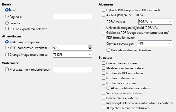 Afbeelding van dialoogvenster PDF Exporteren Algemene Opties