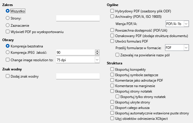 Obraz okna dialogowego opcji ogólnego eksportu do PDF