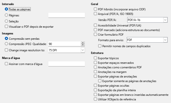 Imagem da caixa de diálogo de opções gerais da exportação PDF
