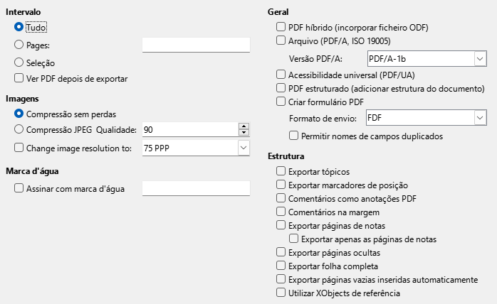 Imagem da caixa de diálogo das opções gerais da exportação PDF