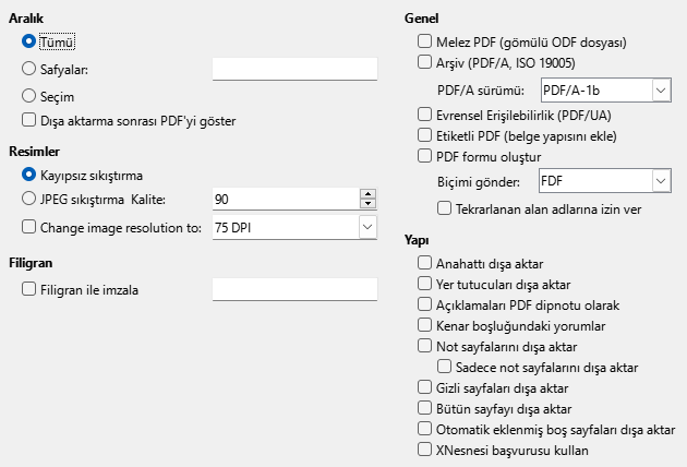 PDF Olarak Dışa Aktar Genel Seçenekleri İletişim Penceresi Resmi