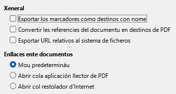 Imaxe del cuadru de diálogu d'Opciones d'esportación d'enllaces de PDF