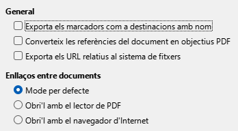 Imatge del diàleg d'opcions d'enllaços d'exportació PDF