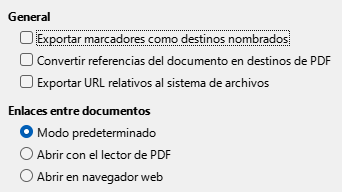 Imagen del diálogo Exportar a PDF, pestaña Enlaces