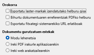 PDF esportaziaren esteken aukeren elkarrizketa-koadroaren irudia