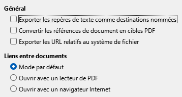 Image de la boîte de dialogue d'options des liens de l'export PDF
